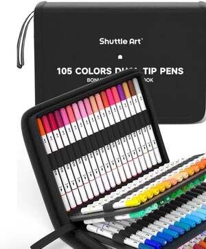 Shuttle Art 105 Colors Dual Tip Brush Markers Set with Portable Case and Colorin